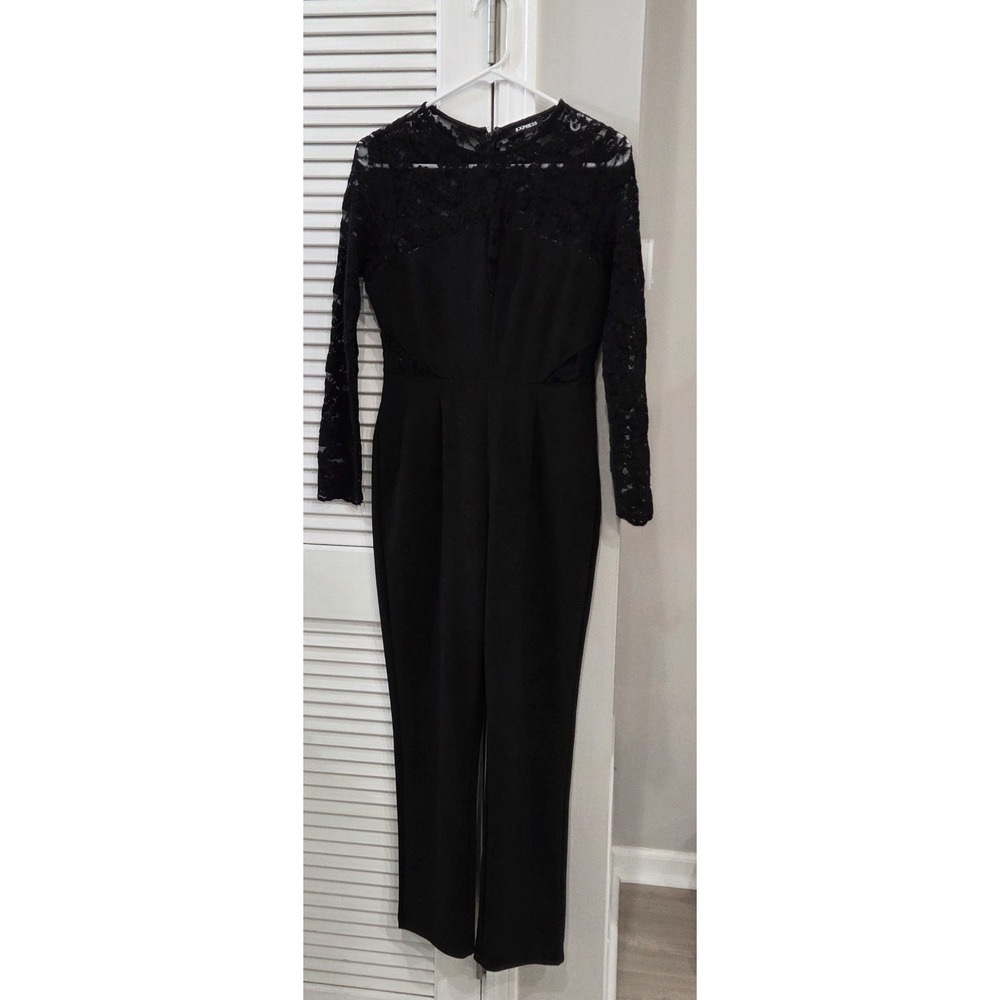 Express Elegant Black Jumpsuit with Sheer Floral Lace Long Sleeves Size S/P - Picture 2 of 11